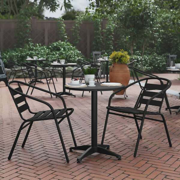 Flash Furniture Lila 23.5in Black Round Aluminum Indoor-Outdoor Table Set with 2 Black Slat Back Chairs TLH-ALUM-24RD-017BK2-GG